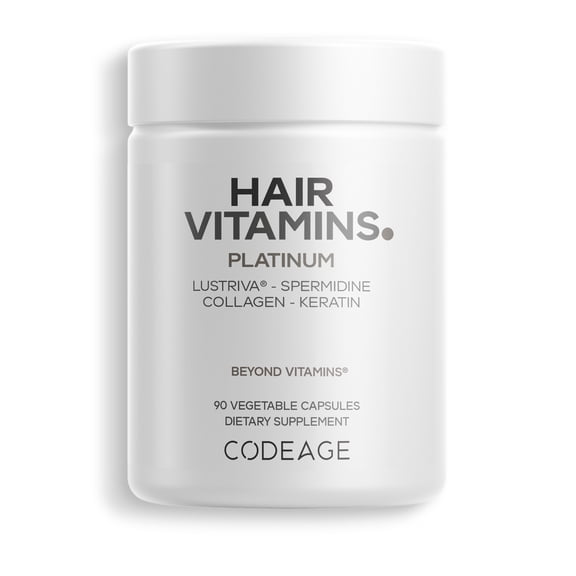 Codeage Hair Vitamins Platinum - Lustriva Hair Growth Support, Spermidine, AstraGin, Biotin, Keratin, Collagen, Enzymes, Omega-3, Multivitamins, Probiotics  Healthy Hair Supplement - 90 Capsules