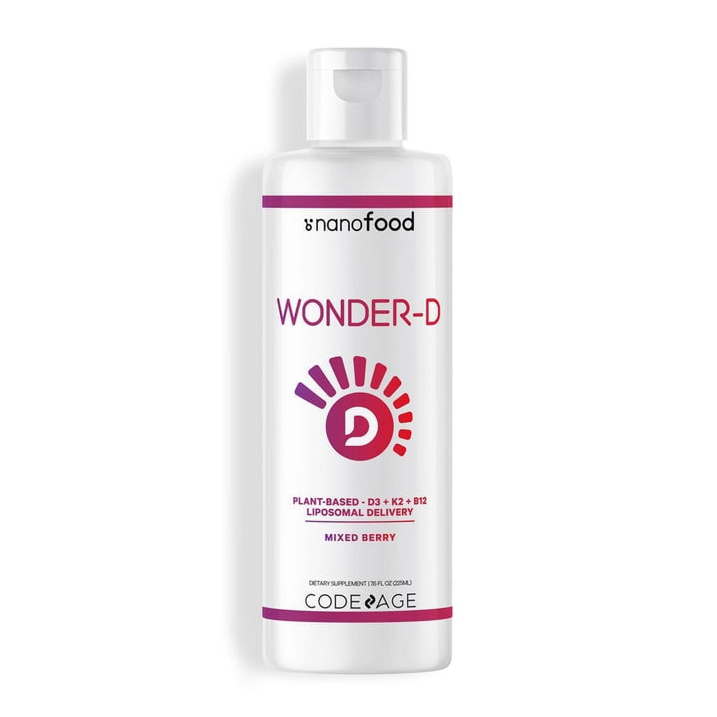 Codeage Nanofood, Wonder-D, Plant-Based, D3 + K2 + B12, Liposomal Delivery, Mixed Berry, 7.6 fl oz (225 ml)