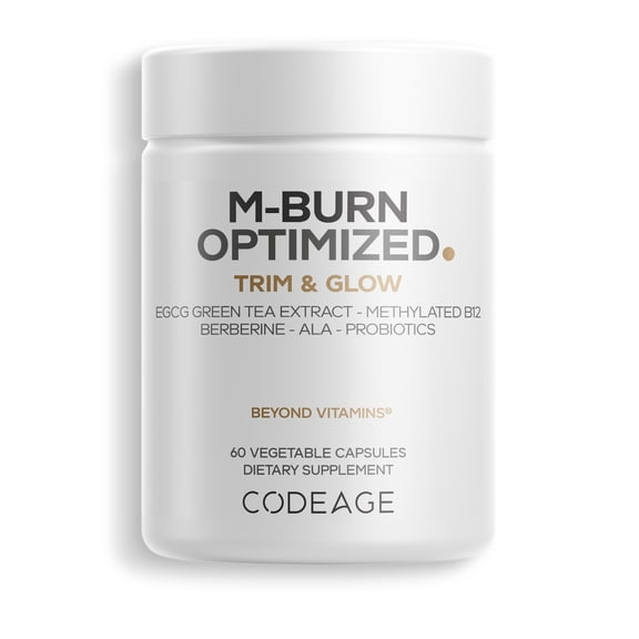 Codeage M-Burn Optimized Supplement - Decaffeinated Green Tea Std. to 50% EGCG, Berberine, Akkermansia, Vitamin B12 - Probiotics - Vitamins - 60 Capsules