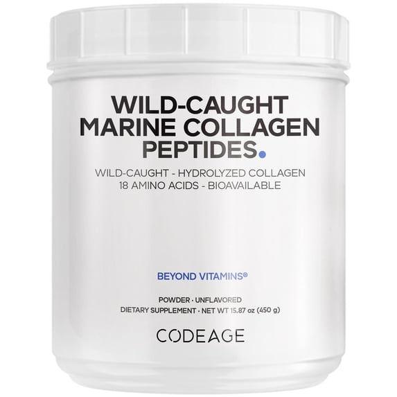 Codeage Marine Collagen Powder - Wild-Caught Hydrolyzed Fish Collagen Peptides - Type 1 & 3 Collagen Protein Supplement - Amino Acids for Skin, Hair, Nails - Paleo Friendly, Non-GMO, 15.87 Ounces