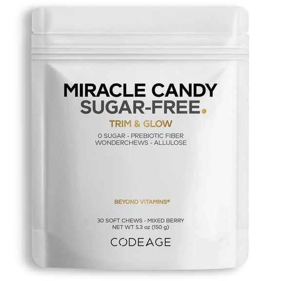Codeage Miracle Candy Mixed Berry, 0g Sugar Low Calorie Soft Chews, Allulose, Prebiotic Fiber, 30 ct