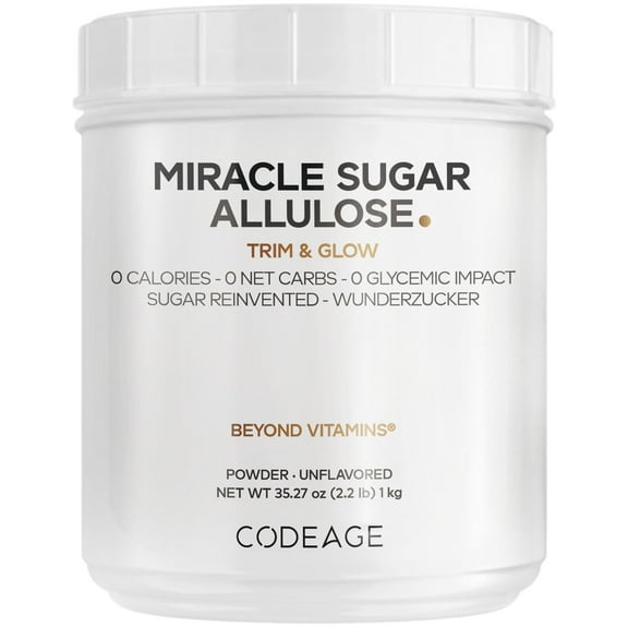 Codeage Miracle Sugar Allulose Powder - All-purpose Zero Calorie Allulose Sweetener, +3 Month Supply - 0 Net-Carbs - Rare Sugar Alternative to Stevia, Aspartame & Liquid - Non-GMO - 35.27 Oz