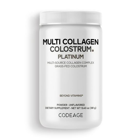 Codeage Multi Collagen Colostrum Powder Platinum - Hydrolyzed Grass-Fed Bovine Collagen Peptides, Grass-Fed Bovine Colostrum Supplement, Vitamin C, Biotin, Hyaluronic Acid, Lactoferrin - 13.4 Oz.
