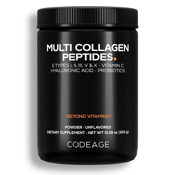 Codeage Multi Collagen Peptides + Probiotics Black Edition, Vitamin C, Hyaluronic Acid, 10.58 oz
