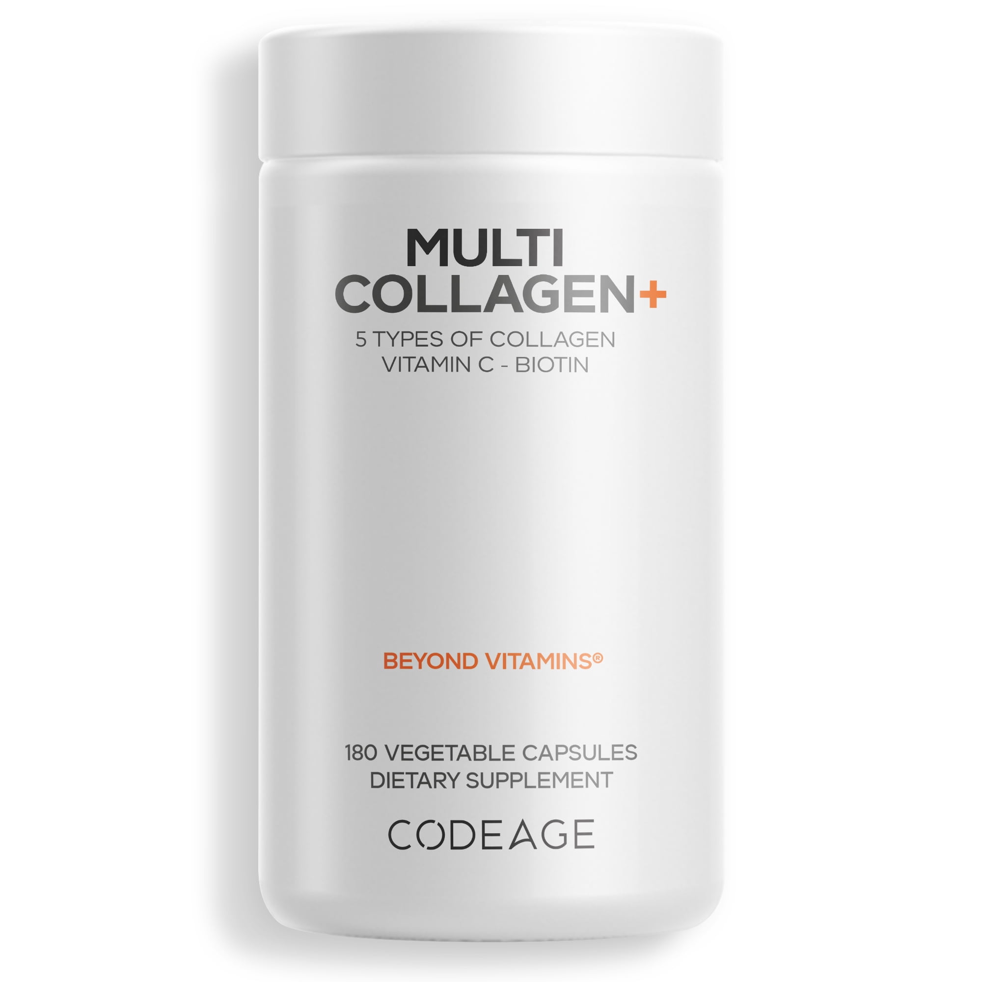 Codeage Multi Collagen+ Supplement with Vitamin C, Biotin 5000 mcg, Hyaluronic Acid, Amla Berry, BioPerine - 5 Types of Collagen Grass-Fed, Pasture-Raised - 2-Month Supply - Non-GMO - 180 Capsules