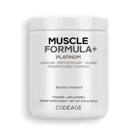 Codeage Muscle Formula+ Platinum Supplement - Creatine Monohydrate, PeptiStrong Fava Bean Protein Hydrolysate, Taurine, Vitamin D3, Liposomal Delivery - Non-GMO - Unflavored Protein Powder - 8.78 Oz