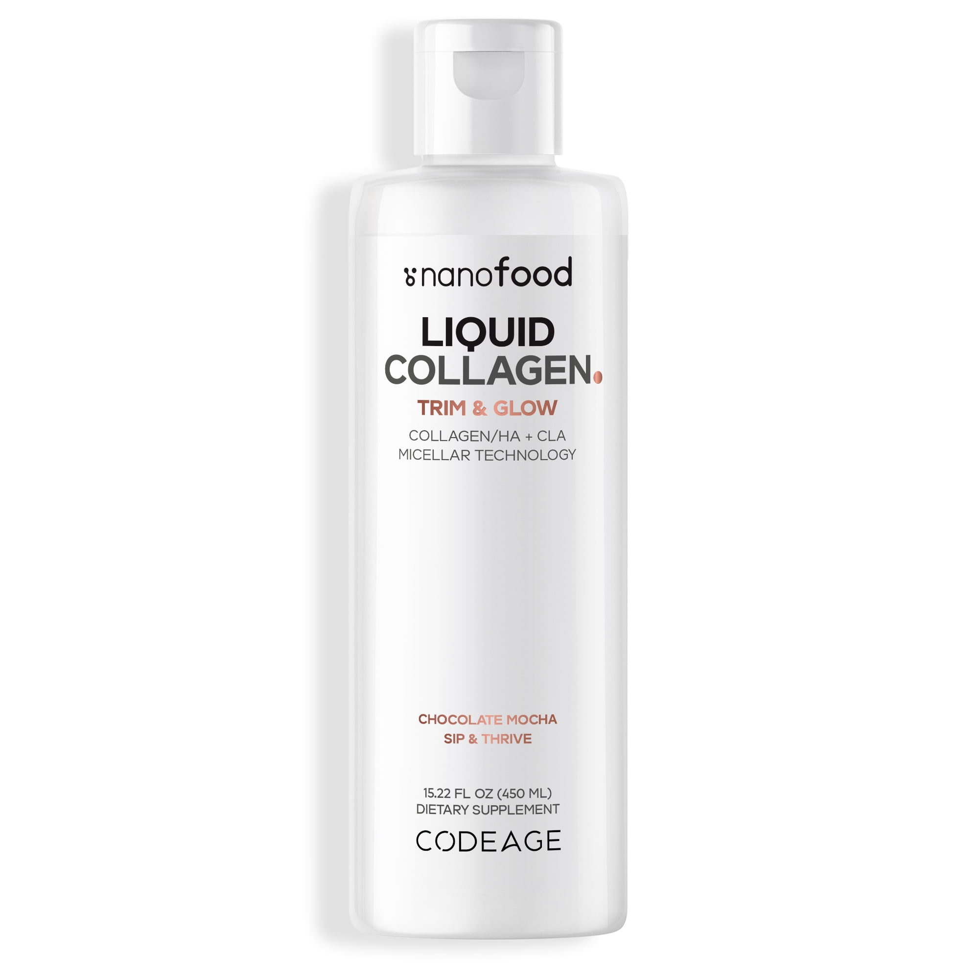 Codeage Nanofood Liquid Collagen Trim & Glow, Conjugated Linoleic Acid, Hyaluronic Acid, Hydrolyzed Collagen Type I, II, III, Whey Protein, Liposomal Delivery, Chocolate Flavor, 15.22 fl oz