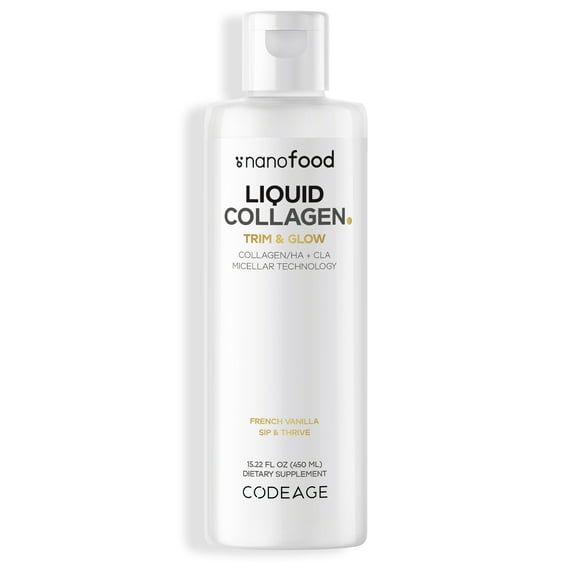 Codeage Nanofood Liquid Collagen Trim & Glow, Conjugated Linoleic Acid, Hyaluronic Acid, Hydrolyzed Collagen Type I, II, III, Whey Protein, Liposomal Delivery, Vanilla Flavor, 15.22 fl oz