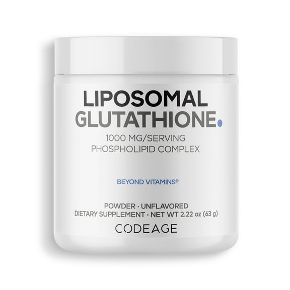 Codeage Liposomal Glutathione Powder - 1,000 mg L-Glutathione per Serving, Liposomal Delivery - 2-Month Supply - Vegan Reduced L-Glutathione - Unflavored - Phospholipid - Non-GMO - 2.22 Oz