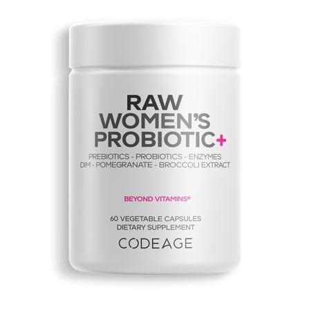 Codeage Raw Women’s Probiotic+ Supplement - 34 Probiotic Strains, 100 Billion CFUs, Digestive Enzymes, Prebiotic Blend, DIM, Pycnogenol Herbal Extracts, Phytonutrients - Non-GMO - 30 Capsules