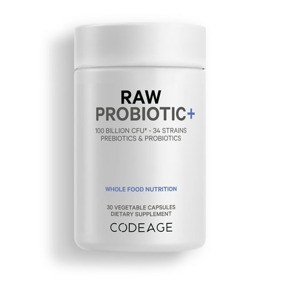 Codeage Raw Probiotic+ Supplement - 34 Probiotic Strains, 100 Billion CFUs, Raw Whole Food Probiotics, Digestive Enzymes, Raw Fruits & Veggies Prebiotics - Wild Kefir Culture - Non-GMO - 30 Capsules