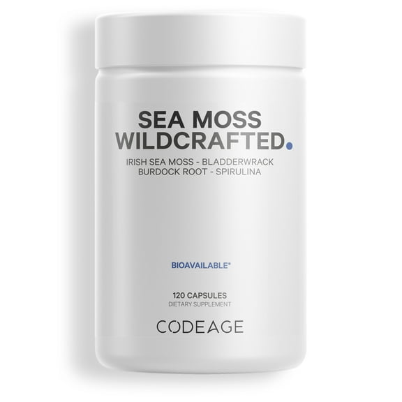 Codeage Raw Wildcrafted Irish Sea Moss, Bladderwrack, Burdock Root, Spirulina & BioPerine® Pepper, 120 ct
