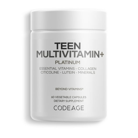 Codeage Teen Multivitamin+ Platinum Supplement - Vitamins A, C, D3, E, K2, B6, B12, Minerals, Probiotics, Citicoline, Collagen, Bone Broth, Folate, Biotin, Lutein, Zeaxanthin - Non-GMO - 60 Capsules