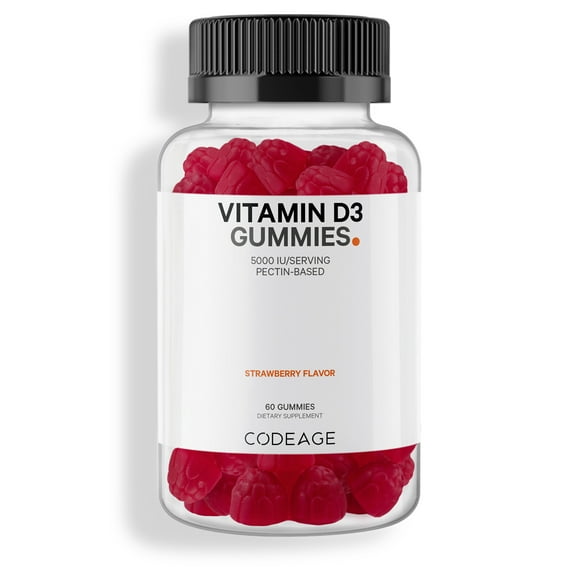 Codeage Vitamin D3 Gummies, Pectin-Based Chewable Vitamin D 5000 IU, Strawberry Flavor Vitamins Gummy, 60 ct