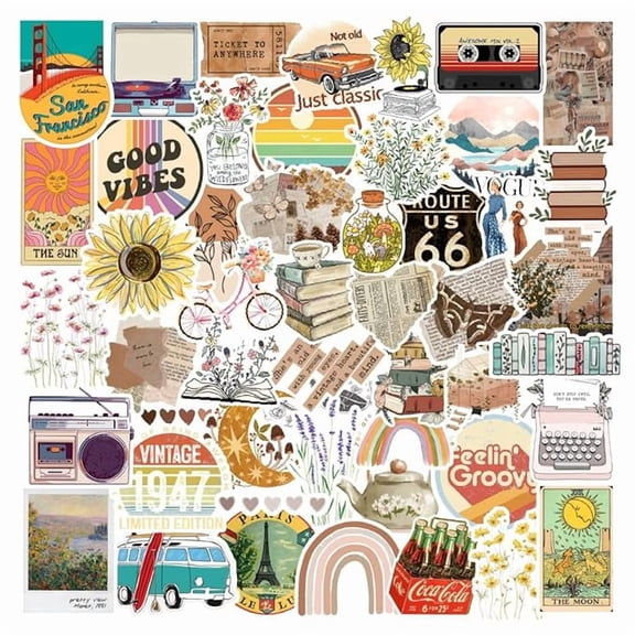 CodersParadise Vinyl Pack of 53 Vintage Aesthetic Stickers for Scrapbook, Laptop, Journal, Diary, Guitar, Mobile Phone - Waterproof 3 inch