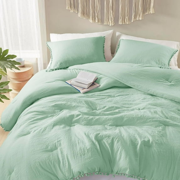 Codi Sage Green Boho Queen Comforter Set, Aesthetic Luxurious Pom Fringe Design Bedding Full, Cute Soft Washed Microfiber Bed Sets, Lightweight Chic 3pcs,1 Comforter & 2 Pillowcases (90x90 Inches)
