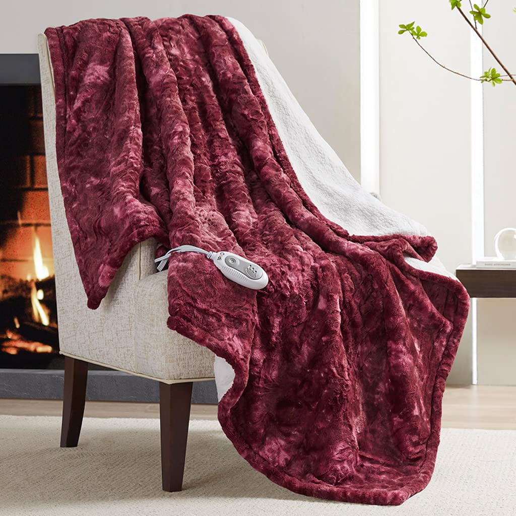 Codi Soft Oversize Heated Throw Blanket, Burgundy Faux Fur with Fuzzy
