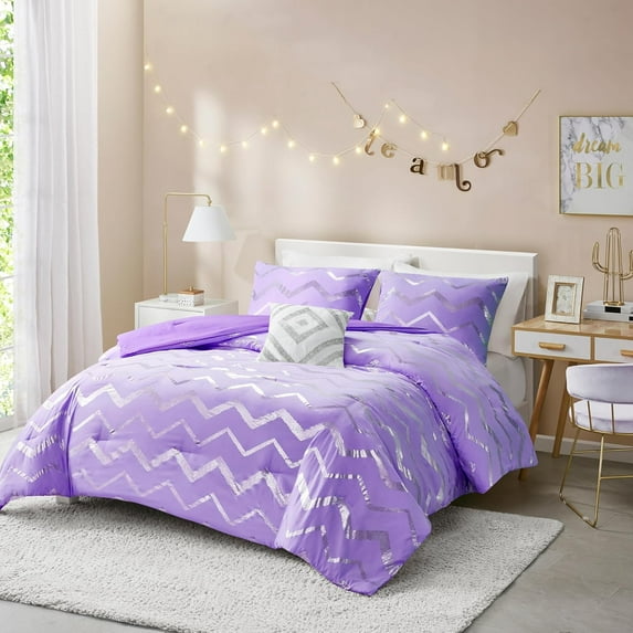 Codi Twin XL Comforter Sets for Girls Purple, Teen Girl 3 Piece Bedding Set for Bedroom and College Dorm - Includes 1 Purple/Silver Comforter, 2 Pillow Shams, 1 Decorative Pillow - All Seasons Warm
