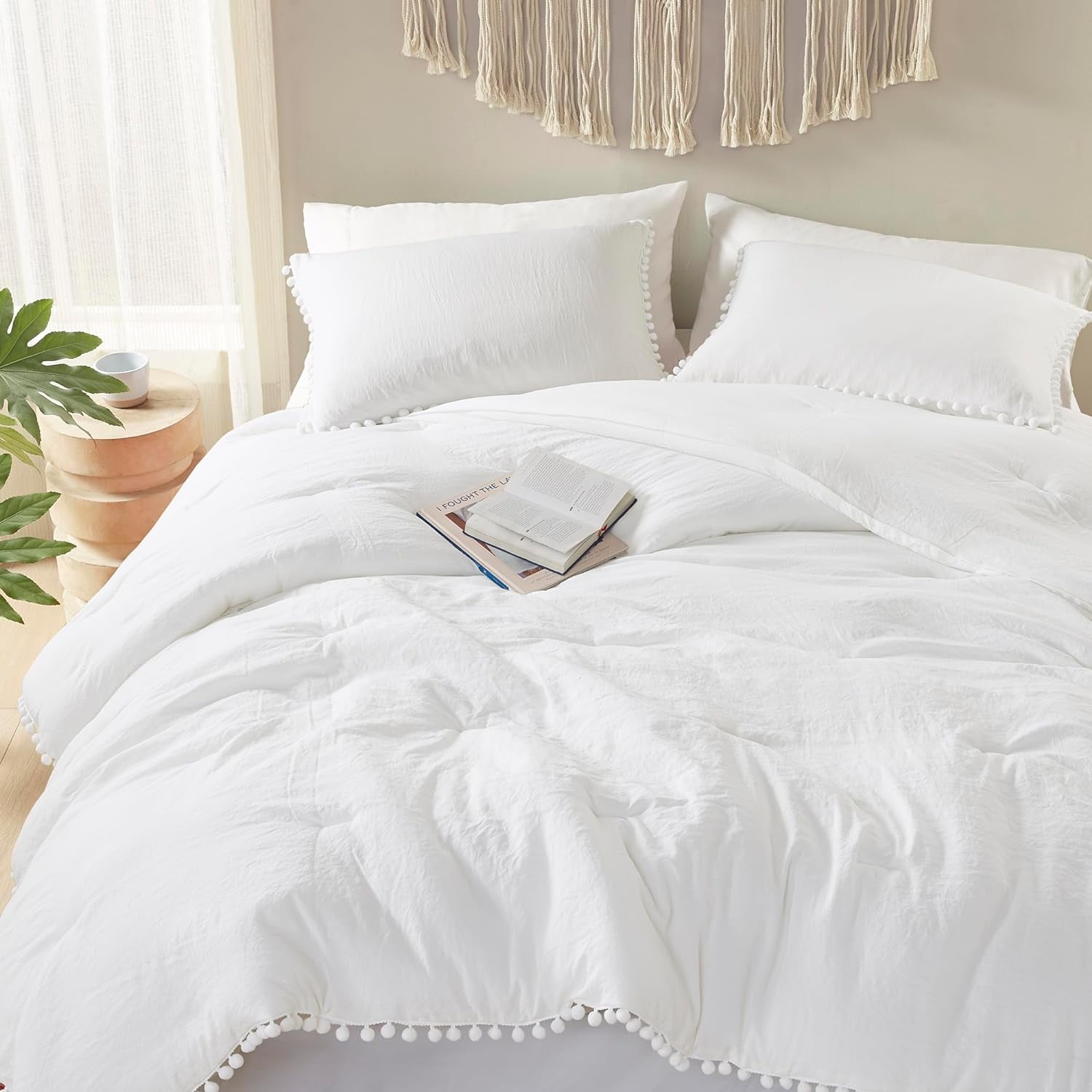 White Microfiber Queen Comforter Set with Pom Fringe