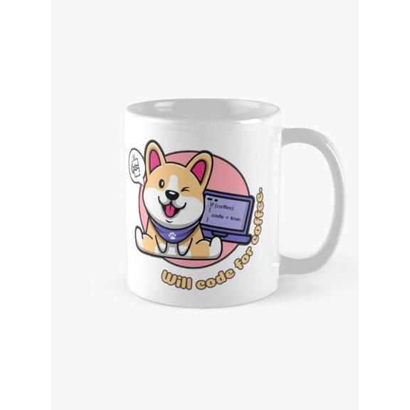 Coding Corgi with Laptop, 11oz Ceramic Mug, Tan Pink and Purple Programmer Theme