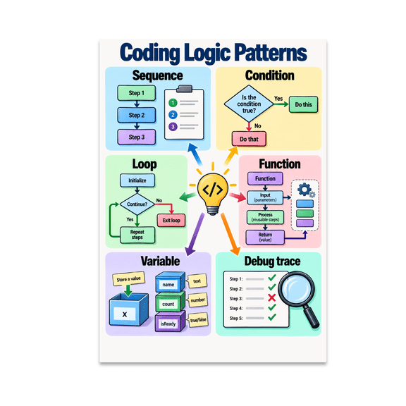 Coding Logic Patterns Guide - Computer Science Classroom - 13x19 Poster Print