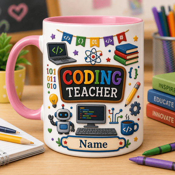 Coding Teacher Mug Personalized with Name, Custom Second Grade STEM Educator Gift