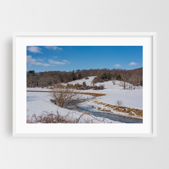 The Codorus Creek Winding its way through Seven Valleys PA - Seven Valleys Pennsylvania Photography Winter Snow Scenic Landscape Nature Pastoral Rural White Framed Wall Art Print 16 x 24 inches