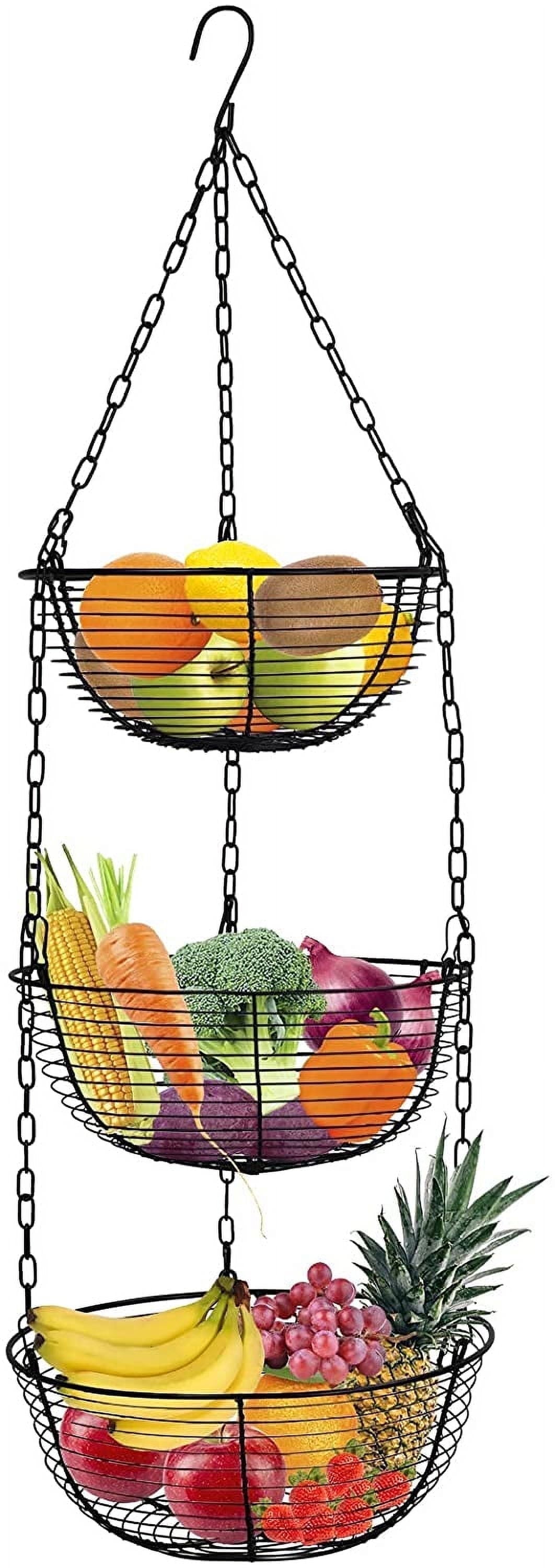 Codream 3 Tier Hanging Fruit Basket, Wire Vegetable Produce Basket for Kitchen, Heavy Duty Fruit Storage Organizer Black Fruit Holder