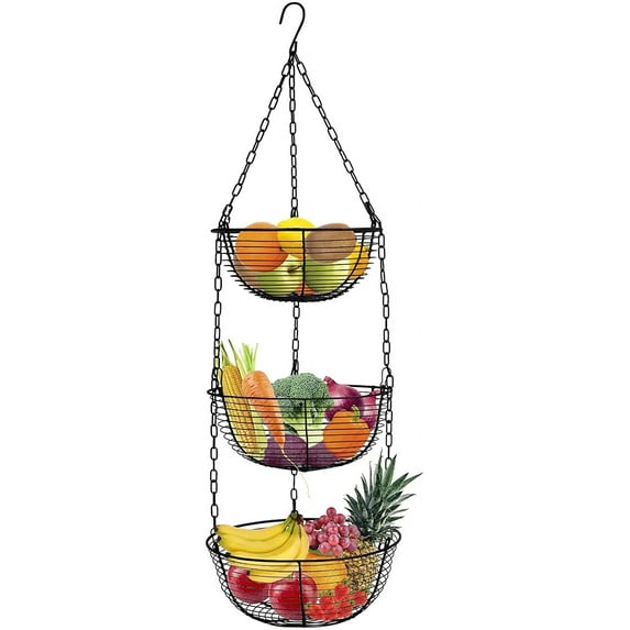 Codream 3 Tier Hanging Fruit Basket, Wire Vegetable Produce Basket for Kitchen, Heavy Duty Fruit Storage Organizer Black Fruit Holder