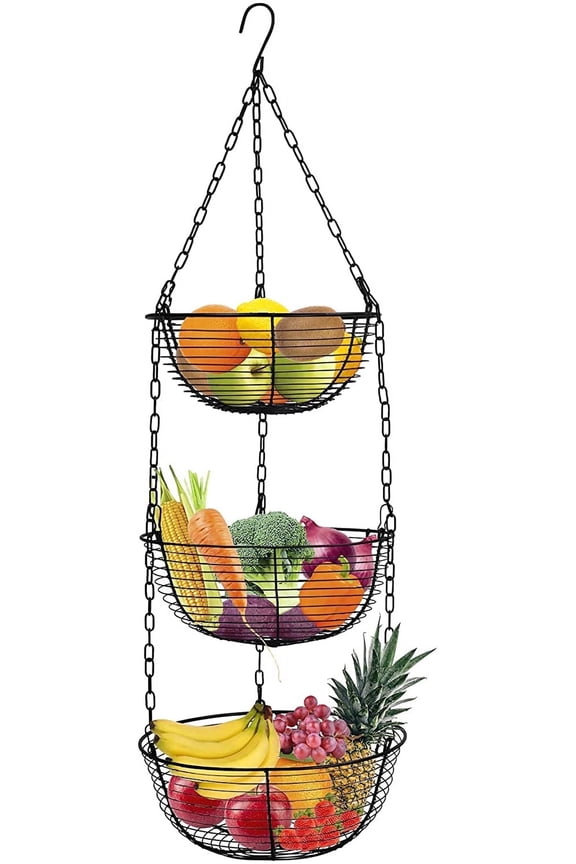 3 Tier Hanging Fruit Basket, Wire Vegetable Produce Basket for Kitchen, Heavy Duty Fruit Storage Organizer Black Fruit Holder