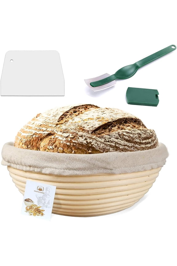 8 Inch Banneton Proofing Baskets, Bread Proofing Basket +Bread Lame +Dough Scraper+ Linen Liner Cloth for Professional & Home Bakers