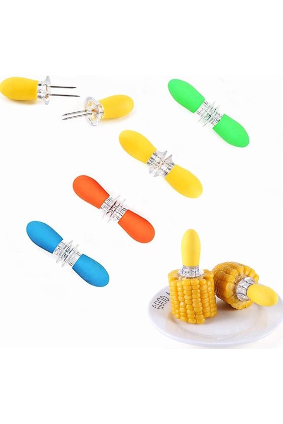 Set of 8 Silicone and Stainless Steel Corn Holders (Yellow/Orange/Green/Blue)