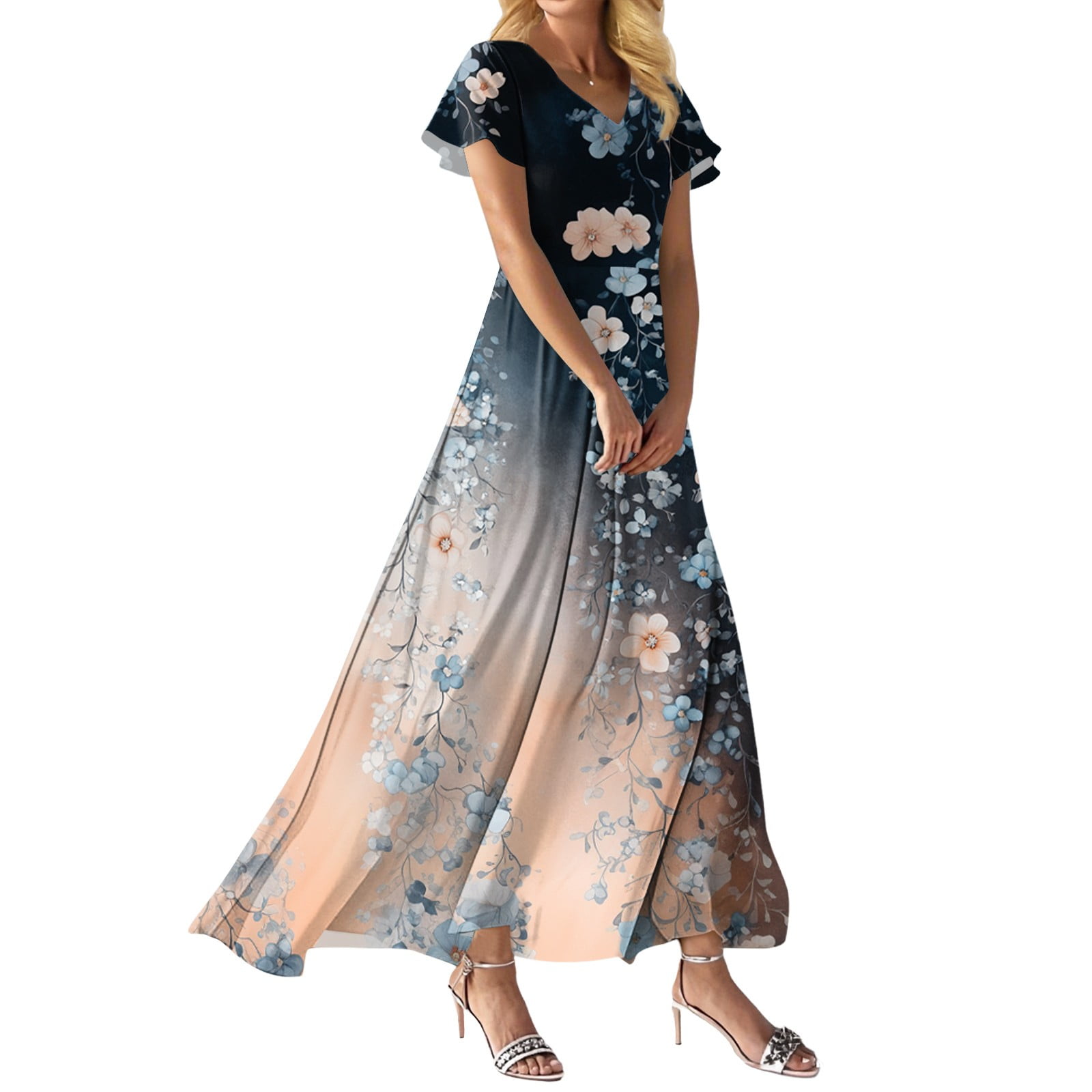 Women's Floral Print Long Sleeve Maxi Dress With Pockets - Summer Casual Button Down Dress - View #5