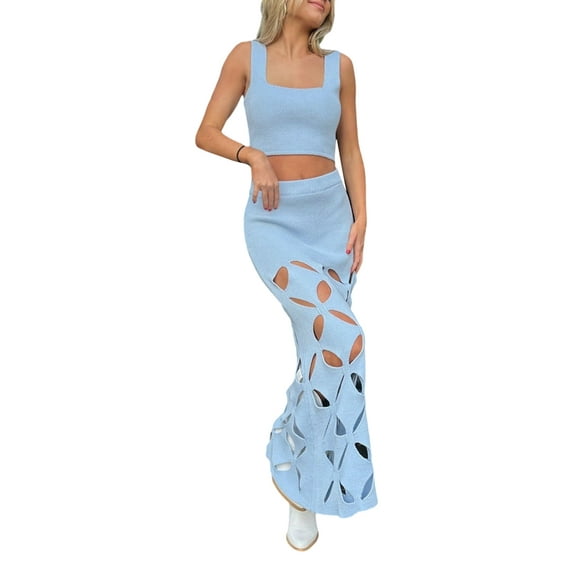 Coduop 2 Piece Maxi Skirt Set for Women Knitted Tank Tops High Waist Long Skirt
