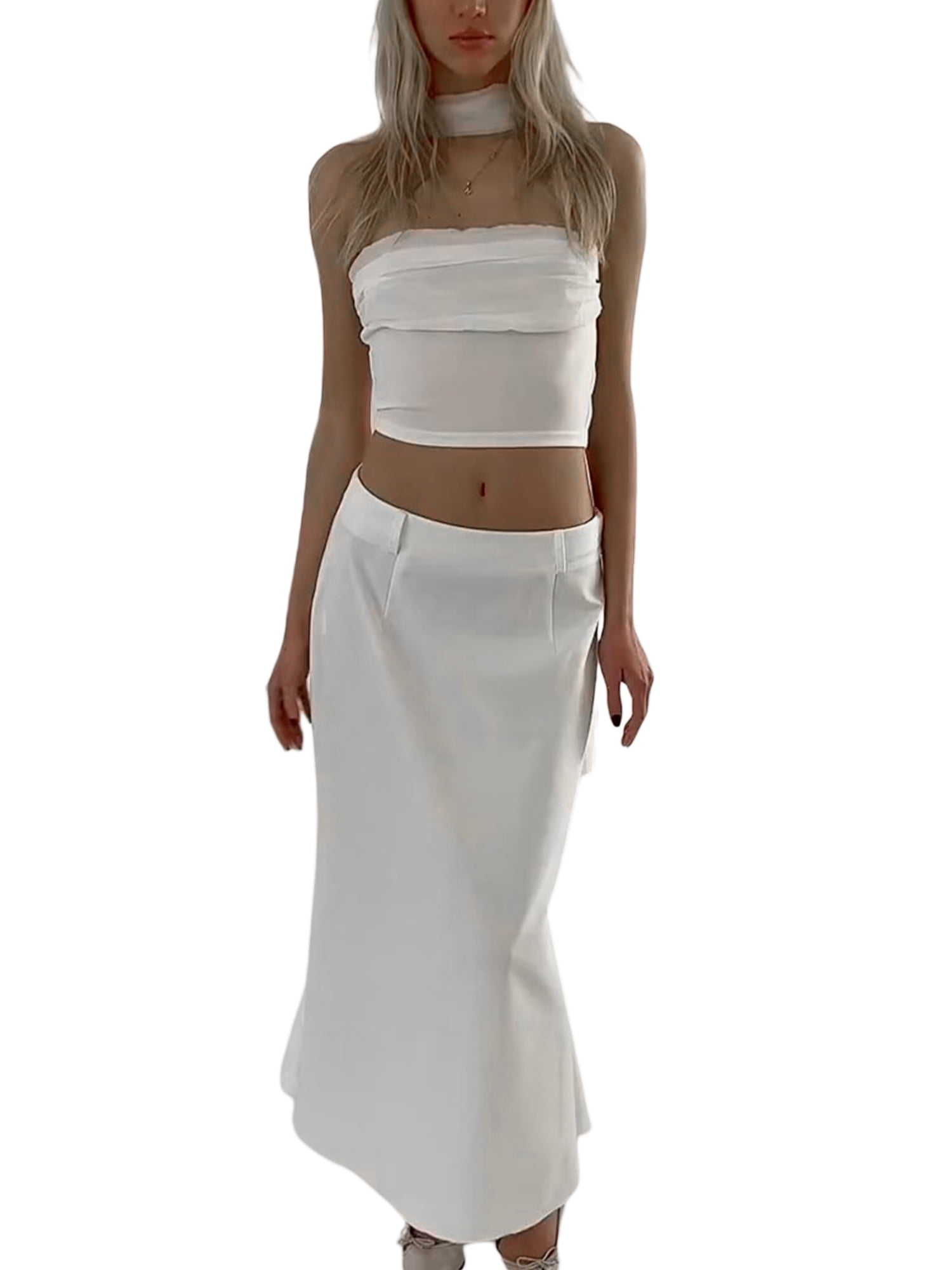 Coduop 2 Piece Maxi Skirt Set for Women Sheer Mesh Tube Top and Bodycon Long Skirt Outfit