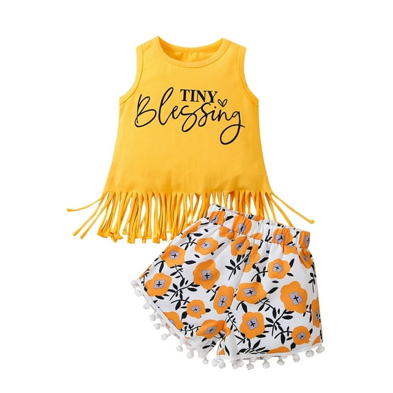 Coduop 2PCS Kids Girls Summer Outfit Set Sleeveless Tassels Tank Tops+Shorts Set,Two Piece