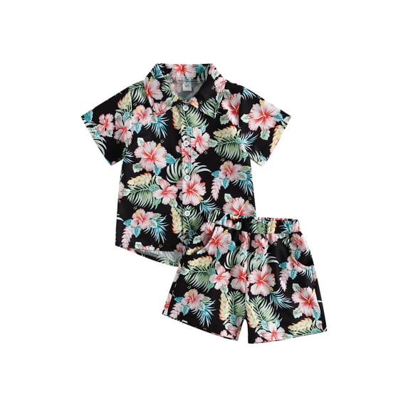 Coduop 2Pcs Kids Boys Boho Beach Outfit Set Tropical Print Short Sleeve Button Shirt + Shorts Set