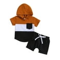 thumbnail image 1 of Coduop Baby Boys 2 Pcs Summer Clothes Outfits Contrast Color Short Sleeve Hooded Tops and Shorts, 1 of 7