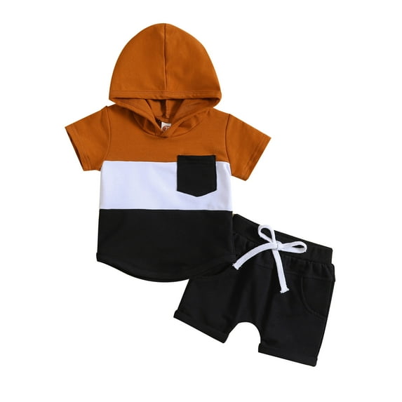 Coduop Baby Boys 2 Pcs Summer Clothes Outfits Contrast Color Short Sleeve Hooded Tops and Shorts