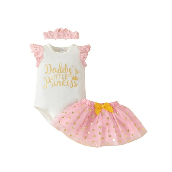 Coduop Baby Girls Father's Day Outfit,Fly Sleeve Lace Romper and Tulle Mini Skirt 3Pcs Sets