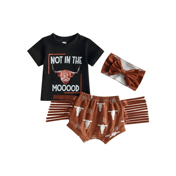 Coduop Baby Girls Shorts,Short Sleeve T-shirt with Bull Head Tasseled Shorts 3Pcs Outfit Set