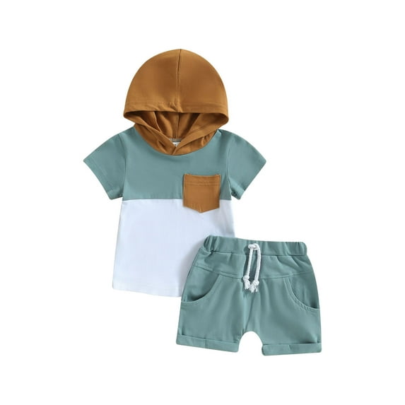 Coduop Infant Baby Boy Outfit Set Color Block Short Sleeve Hooded Tops and Casual Shorts Tracksuit