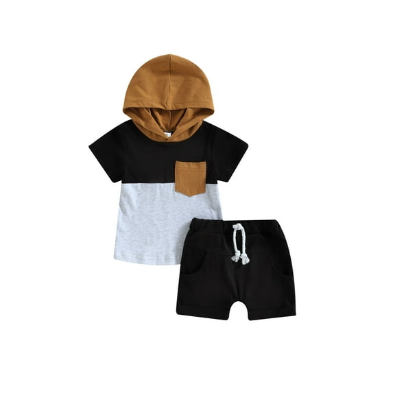 Coduop Infant Baby Boy Outfit Set Color Block Short Sleeve Hooded Tops and Casual Shorts Tracksuit