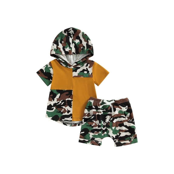 Coduop Infant Baby Boy Summer Camouflage Short Sleeve Hooded Tops and Shorts 2Pcs Outfit Set