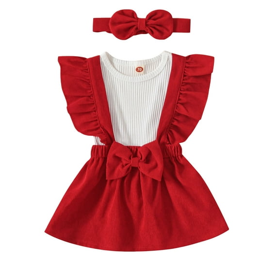 Coduop Infant Baby Girl Summer 3Pcs Outfit Sets Short Sleeve Ribbed Romper Suspender Skirt Headband