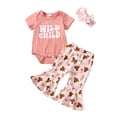 thumbnail image 1 of Coduop Infant Baby Girl Summer Clothes Letter Print Romper + Flare Pants + Headband 3Pcs Outfit, 1 of 8