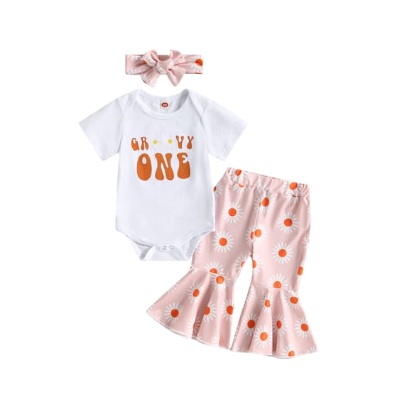 Coduop Infant Baby Girls Birthday Outfit Short Sleeve Romper Flower Print Long Pants 3Pcs Set