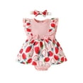 thumbnail image 1 of Coduop Infant Baby Girls Bodysuit Rompers,Ribbed Strawberry Fly Sleeve Jumpsuit,with Headband, 1 of 9
