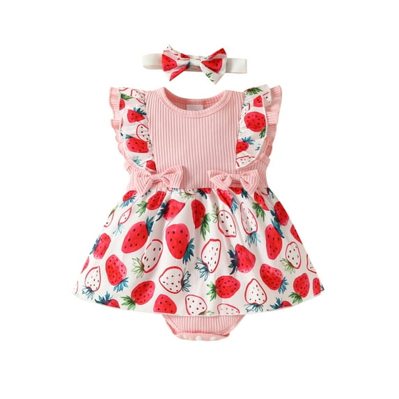 Coduop Infant Baby Girls Bodysuit Rompers,Ribbed Strawberry Fly Sleeve Jumpsuit,with Headband