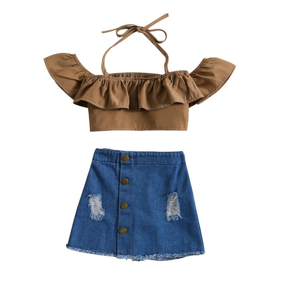 Coduop Kids Baby Girls Outfits Short Sleeve Off-shoulder Halterneck Crop Tops + Denim Skirt Set